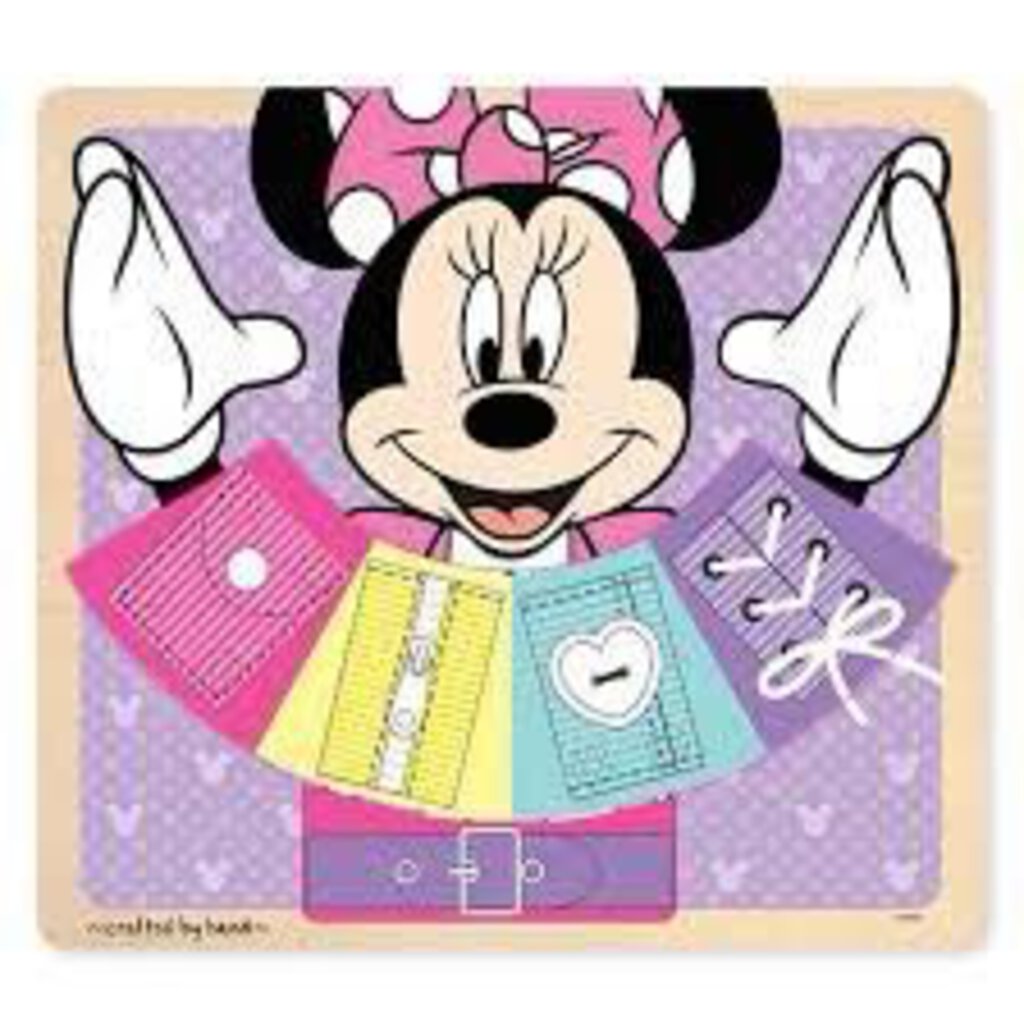 MINNIE Tableau de habilités sur planche en bois avec fermeture Éclair, dentelle, cravate, boucle, bouton et bouton-pression - Wooden basic skills board