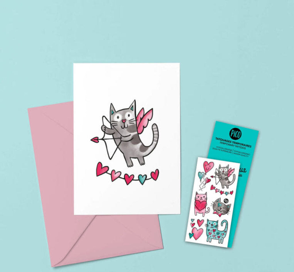 LE CHATMOUREUX - Carte de souhait + 1 feuille de tatoos
