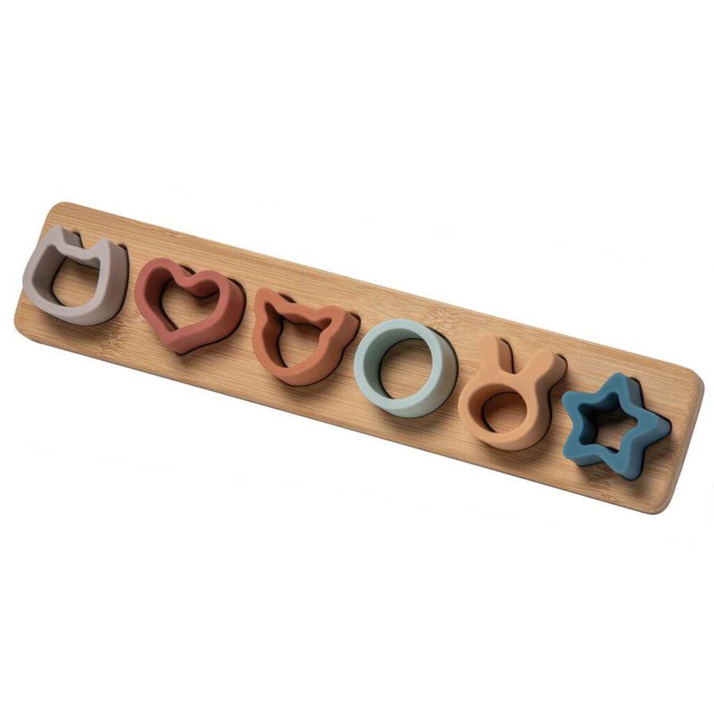Jouet trieur de 6 Formes en silicone - sur planche en bamboo