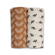 Charger l&#39;image dans la galerie, OISEAUX et MOUTARDE - Paquet de 2 Couvertures legeres OU pour emmailloter - Swaddling blanket MUDCLOTH + BLACK BIRDS
