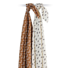 Charger l&#39;image dans la galerie, OISEAUX et MOUTARDE - Paquet de 2 Couvertures legeres OU pour emmailloter - Swaddling blanket MUDCLOTH + BLACK BIRDS
