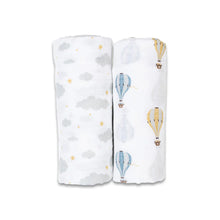 Charger l&#39;image dans la galerie, MONGOLFIERE et NUAGES - Paquet de 2 Couvertures legeres OU pour emmailloter - Swaddling blanket HOT AIR BALLOON
