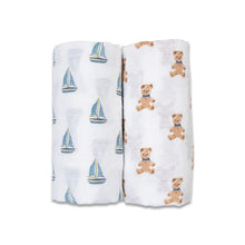 Charger l&#39;image dans la galerie, OURSONS ET BATEAUX - Paquet de 2 Couvertures legeres OU pour emmailloter - Swaddling blanket VINTAGE BEAR SAILBOAT
