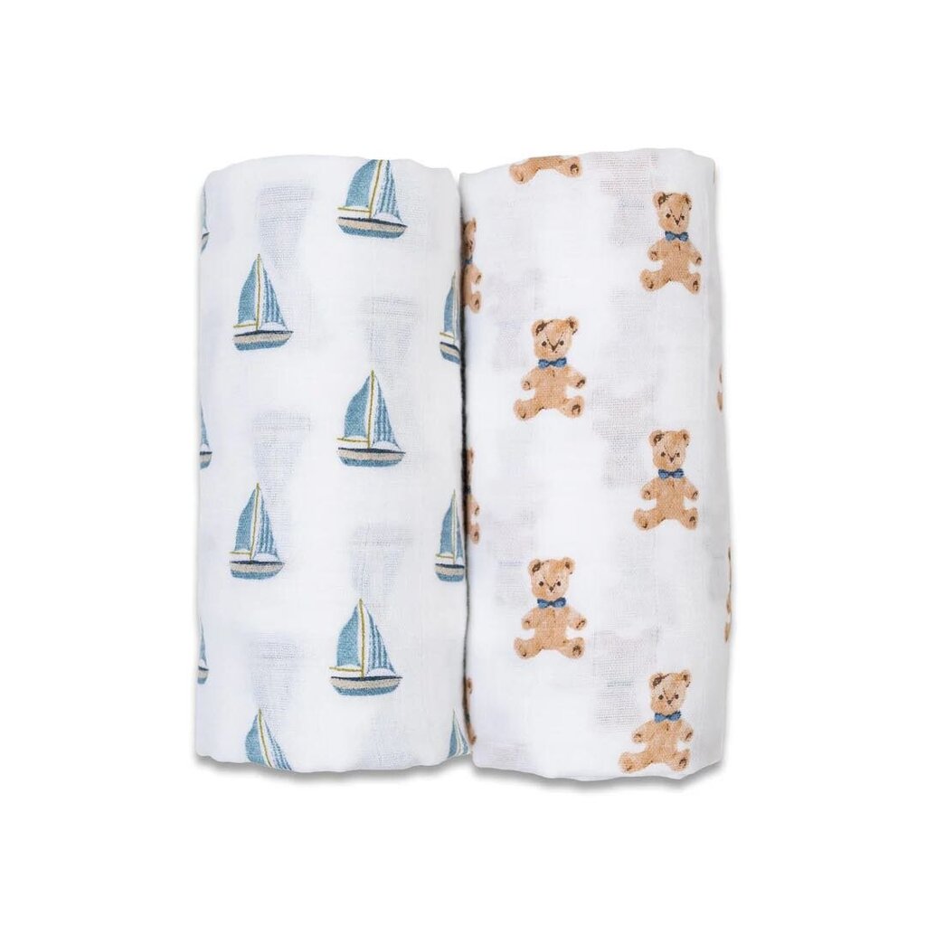 OURSONS ET BATEAUX - Paquet de 2 Couvertures legeres OU pour emmailloter - Swaddling blanket VINTAGE BEAR SAILBOAT