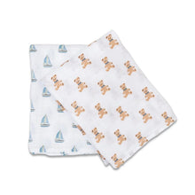 Charger l&#39;image dans la galerie, OURSONS ET BATEAUX - Paquet de 2 Couvertures legeres OU pour emmailloter - Swaddling blanket VINTAGE BEAR SAILBOAT
