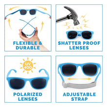 Charger l&#39;image dans la galerie, Lunettes de soleil polarisées flexibles UV-400 avec sangle pour bébé et enfant SKY BLU - 6 mois - 2 ans

