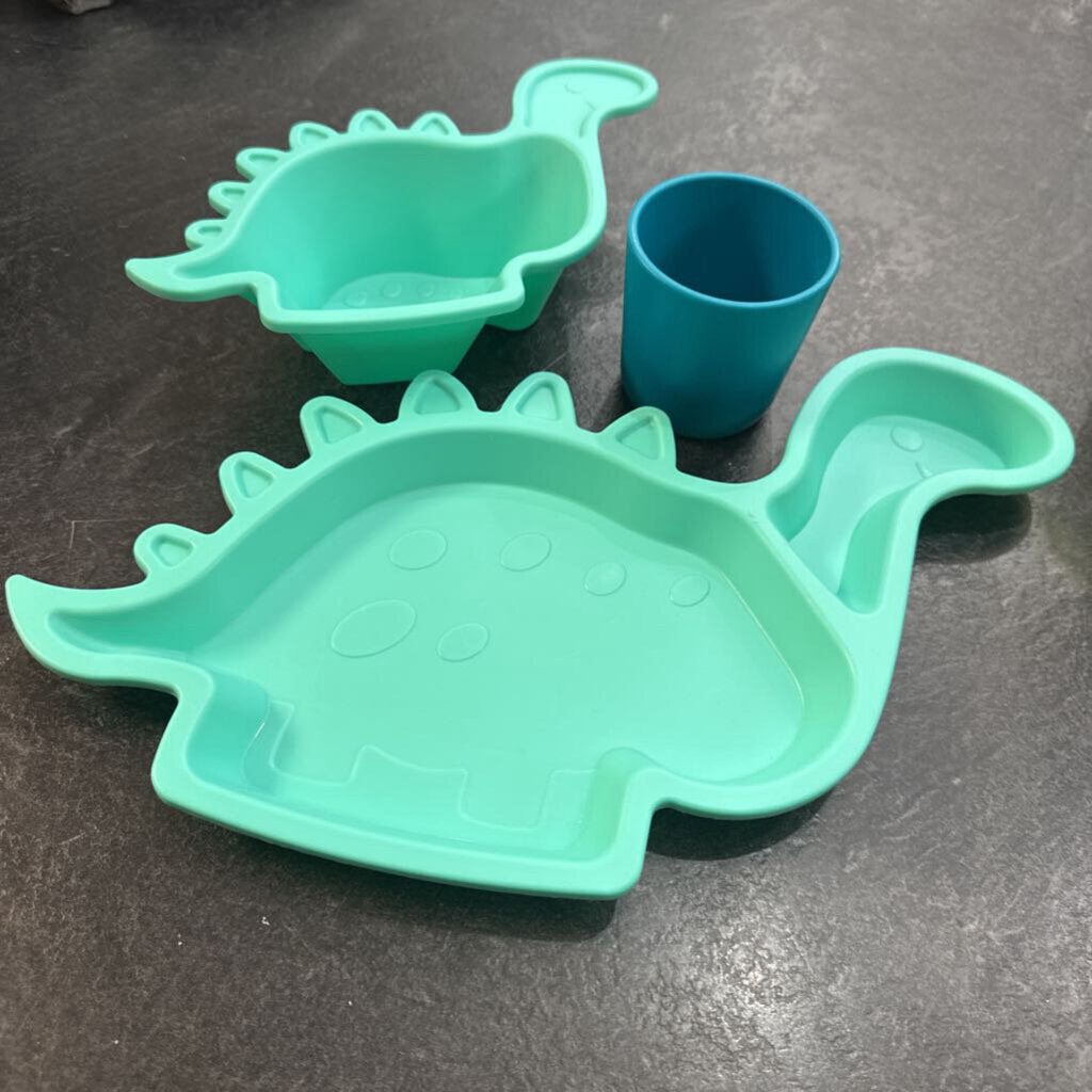 Lot de 2 assiettes en Plastique et tasse en Silicone DINOSAURE