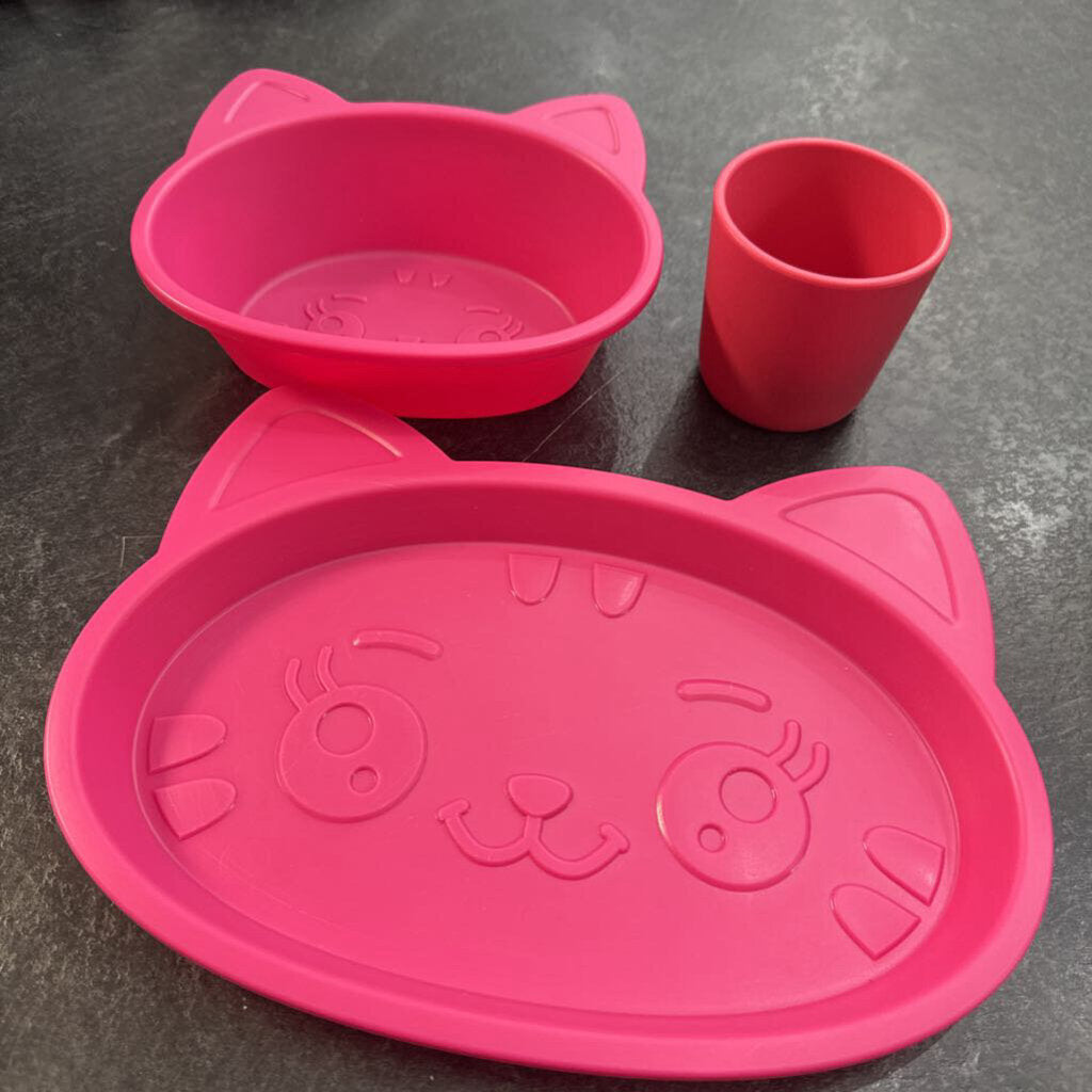 Lot de 2 assiettes en Plastique et tasse en Silicone CHAT