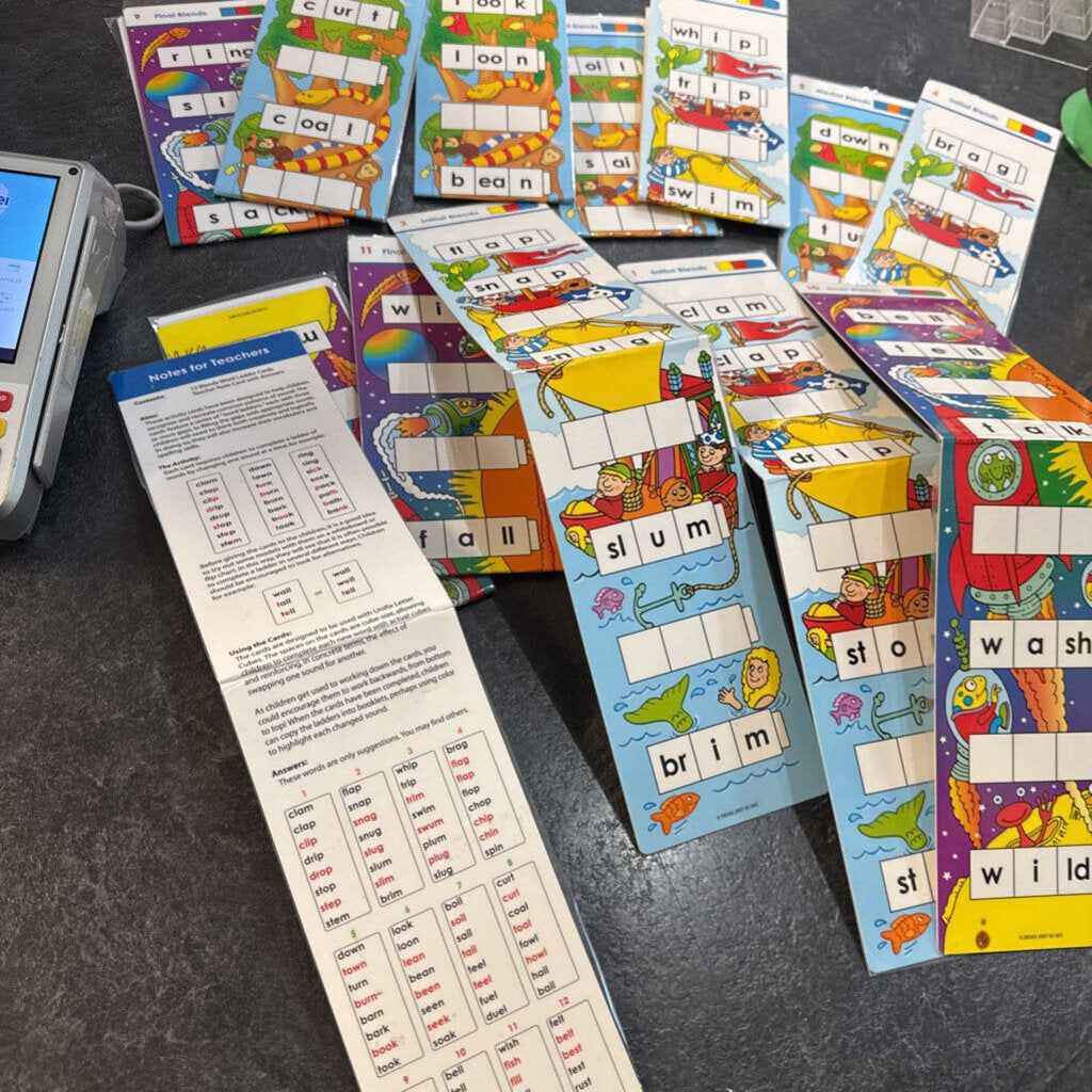 Cartes d'apprentisage de VOCABULAIRE en ANGLAIS 12 pcs + guide pour prof.