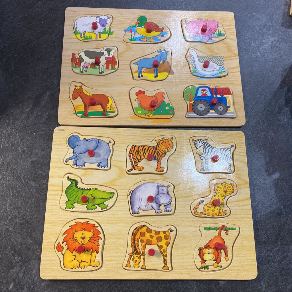 Lot de 2 Casse tete sur planche avec bouton en BOIS 18 pcs ANIMAUX