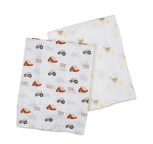 Charger l'image dans la galerie, BASSE-COUR et POULE ET POUSSINS - Paquet de 2 Couvertures legeres OU pour emmailloter - Swaddling blanket VINTAGE BARNYARD + HEN and CHICK
