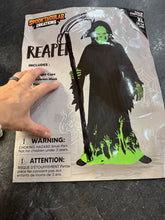 Charger l'image dans la galerie, DEGUISEMENT 5 mcs REAPER LA MORT - Brille FLUO - Tunique + 2 gants + masque + 1 GROS acces 12-14 ans
